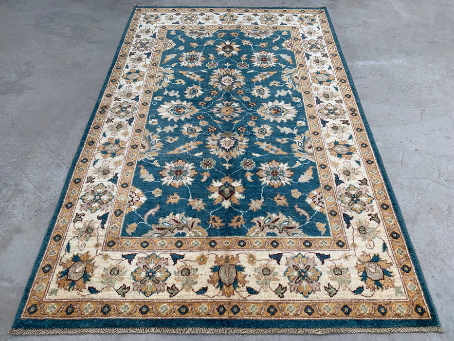 193 x 124 cm handgeknoopt Peshawari Chobi wollen tapijt - Traditioneel bloemrijk vloerkleed in blauwgroen - KBHM-605