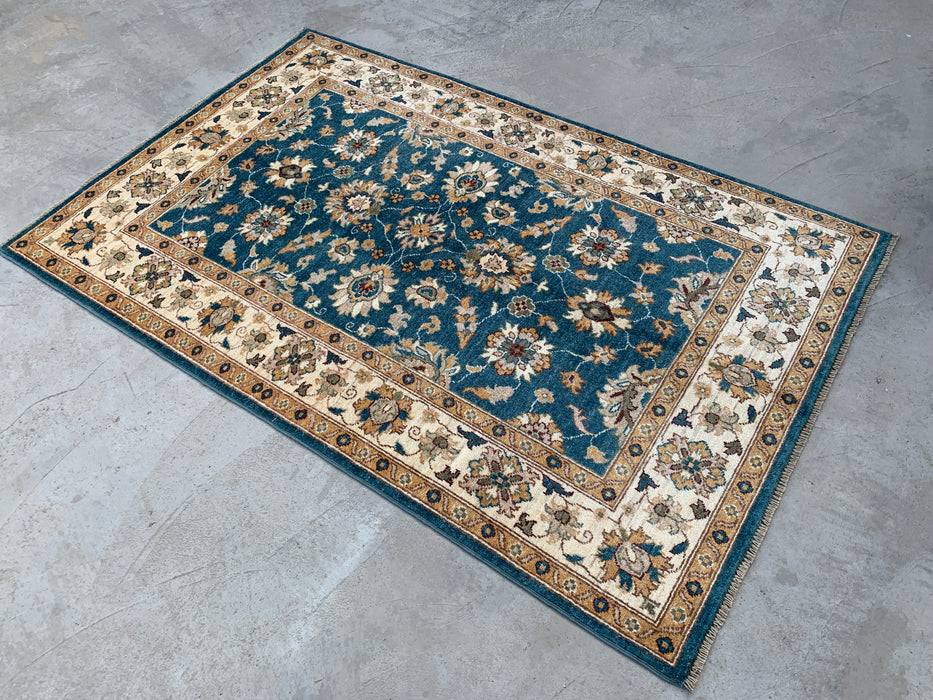 193 x 124 cm handgeknoopt Peshawari Chobi wollen tapijt - Traditioneel bloemrijk vloerkleed in blauwgroen - KBHM-605