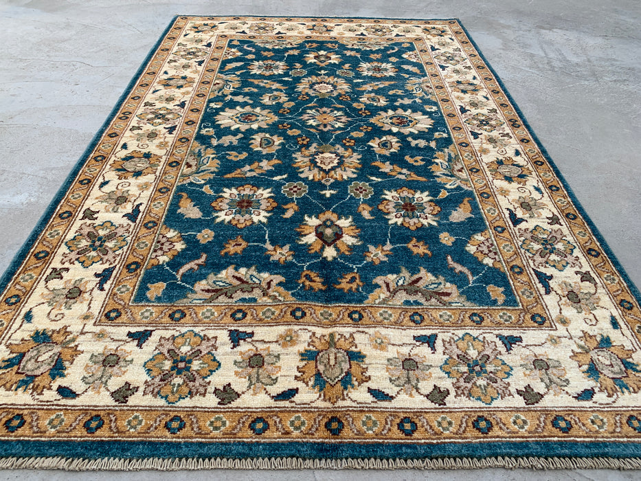 193 x 124 cm handgeknoopt Peshawari Chobi wollen tapijt - Traditioneel bloemrijk vloerkleed in blauwgroen - KBHM-605