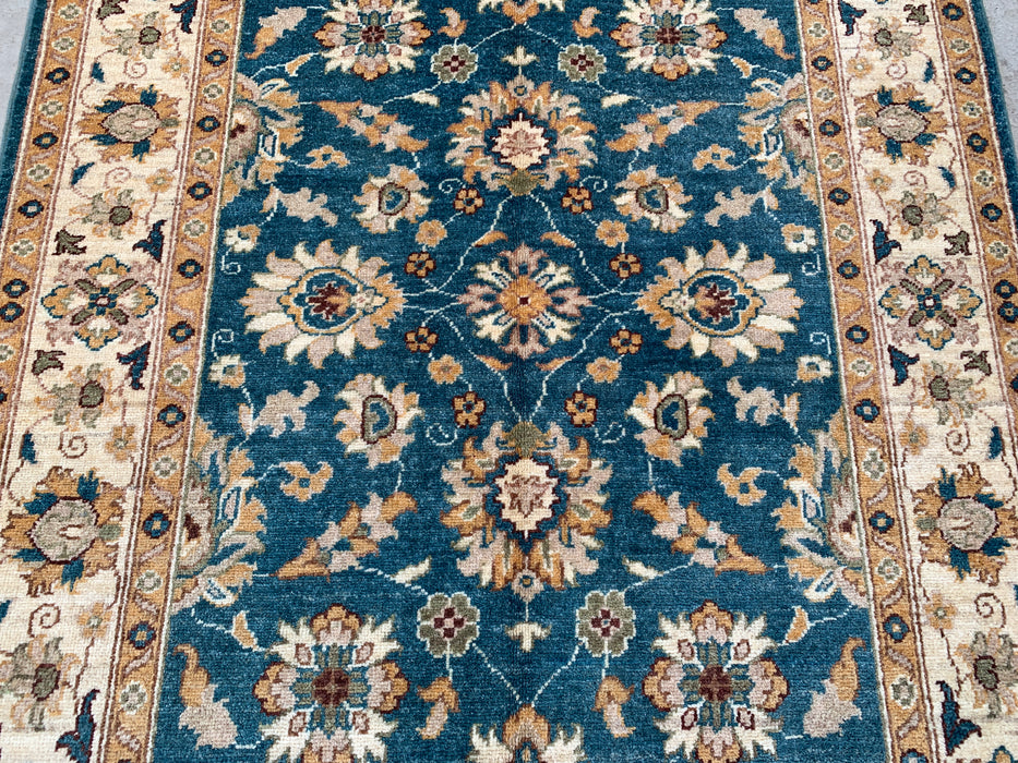 193 x 124 cm handgeknoopt Peshawari Chobi wollen tapijt - Traditioneel bloemrijk vloerkleed in blauwgroen - KBHM-605