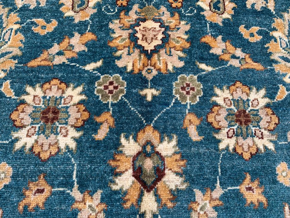 193 x 124 cm handgeknoopt Peshawari Chobi wollen tapijt - Traditioneel bloemrijk vloerkleed in blauwgroen - KBHM-605