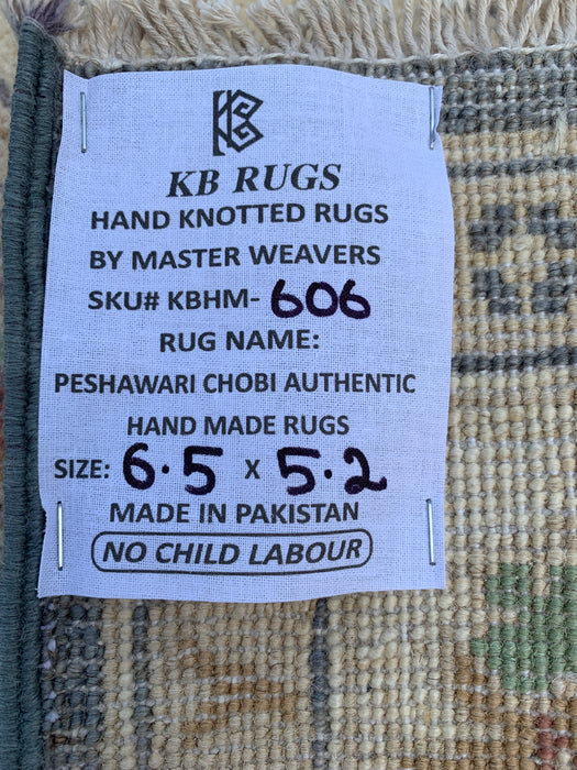 195 x 157 cm handgeknoopt Peshawari Chobi wollen tapijt - Grijs traditioneel bloemenkleed - KBHM-606