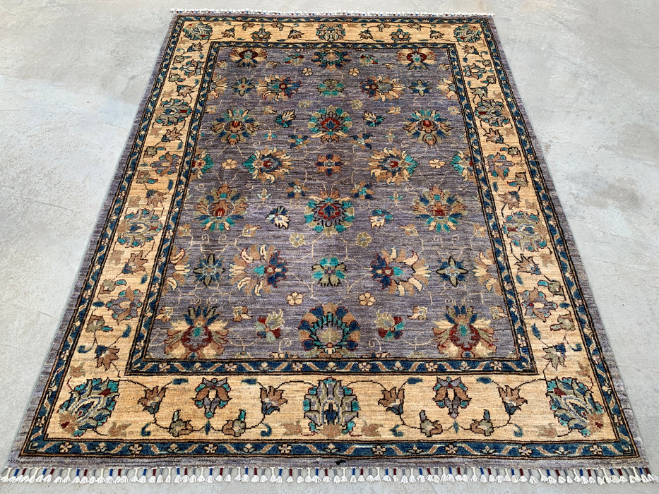 6'7 x 5'0 Handgeknoopt Peshawari Chobi wollen vloerkleed - Paarsgrijs traditioneel bloemen vloerkleed - KBHM-607