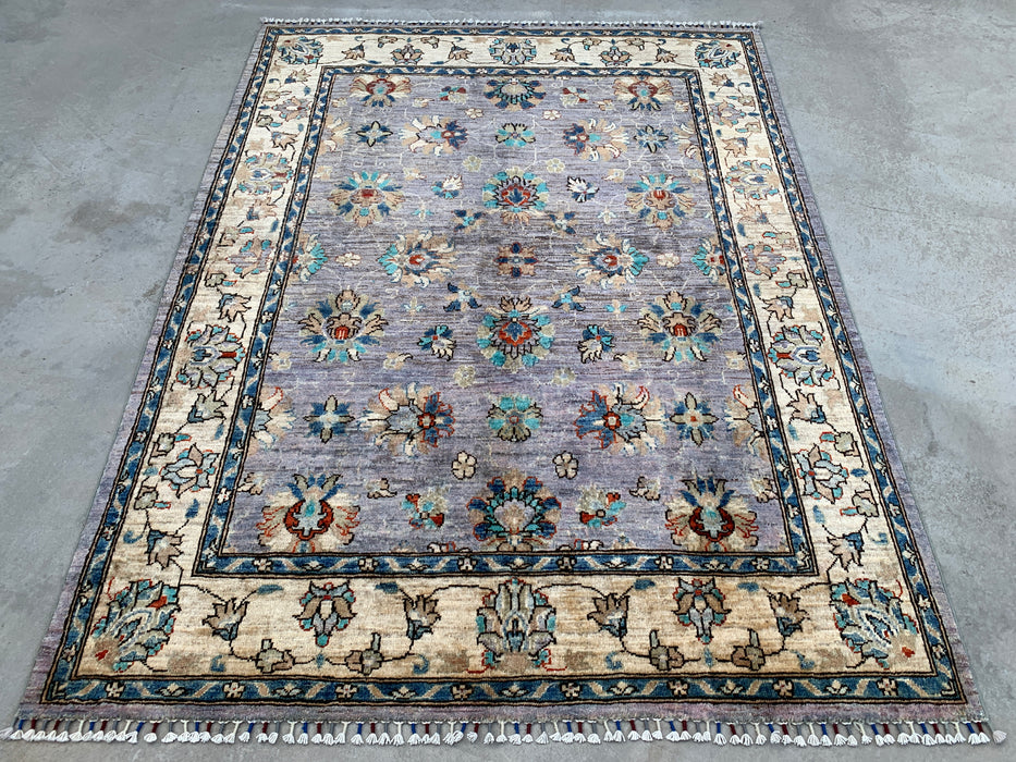 6'7 x 5'0 Handgeknoopt Peshawari Chobi wollen vloerkleed - Paarsgrijs traditioneel bloemen vloerkleed - KBHM-607
