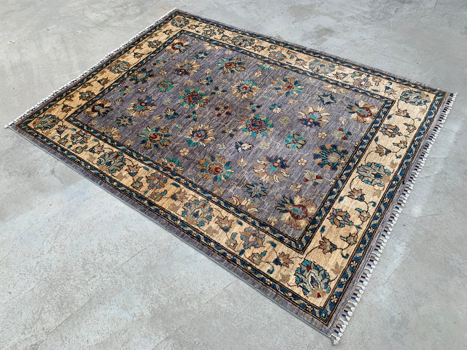 6'7 x 5'0 Handgeknoopt Peshawari Chobi wollen vloerkleed - Paarsgrijs traditioneel bloemen vloerkleed - KBHM-607