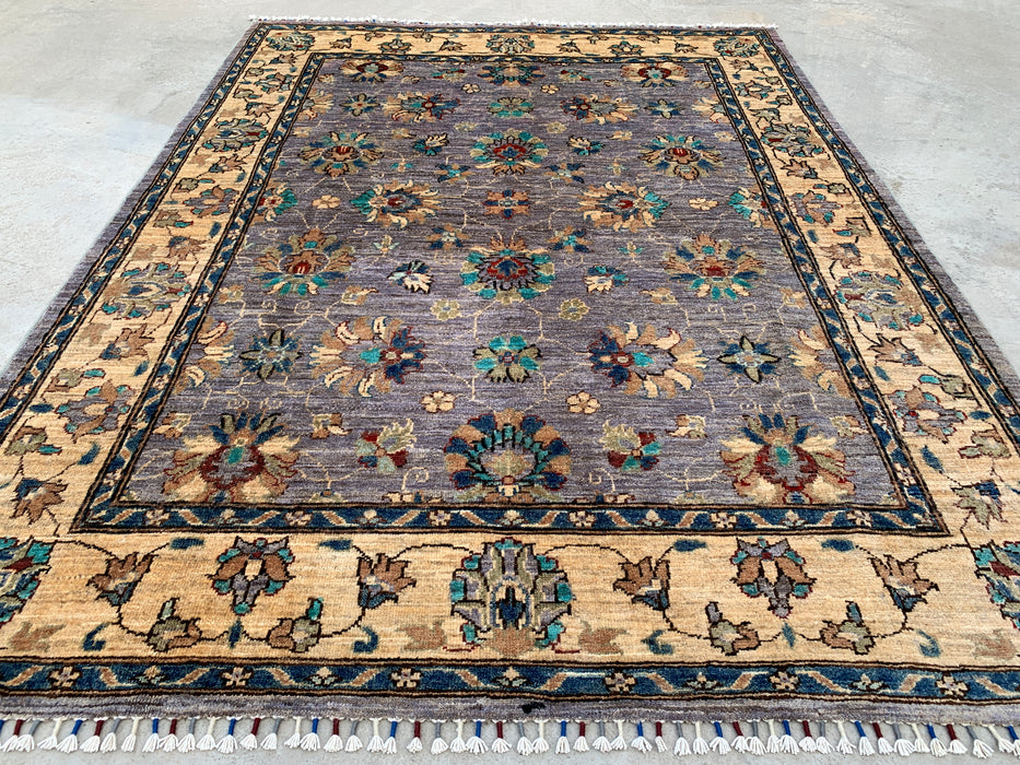 6'7 x 5'0 Handgeknoopt Peshawari Chobi wollen vloerkleed - Paarsgrijs traditioneel bloemen vloerkleed - KBHM-607
