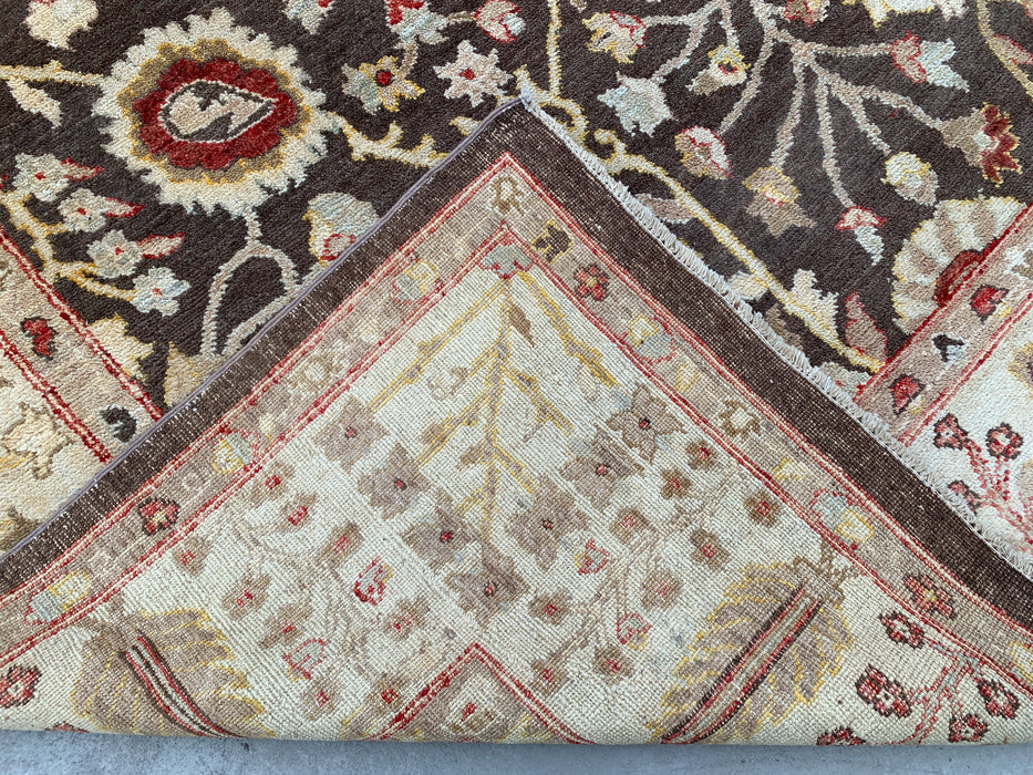 11'9 x 8'9 handgeknoopt Peshawari Chobi wollen tapijt - Bruin traditioneel bloemenkleed - KBHM-608