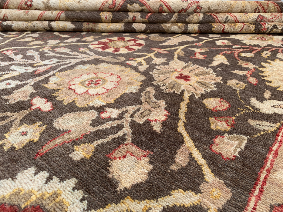 11'9 x 8'9 handgeknoopt Peshawari Chobi wollen tapijt - Bruin traditioneel bloemenkleed - KBHM-608