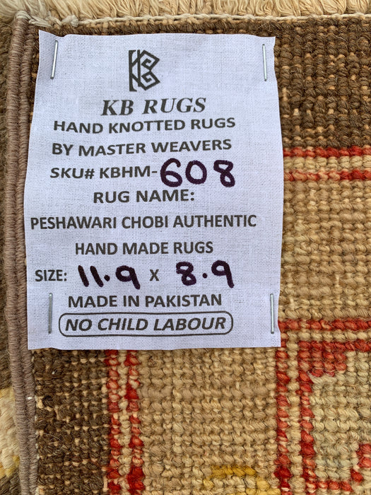 11'9 x 8'9 handgeknoopt Peshawari Chobi wollen tapijt - Bruin traditioneel bloemenkleed - KBHM-608