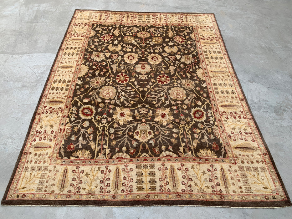 11'9 x 8'9 handgeknoopt Peshawari Chobi wollen tapijt - Bruin traditioneel bloemenkleed - KBHM-608