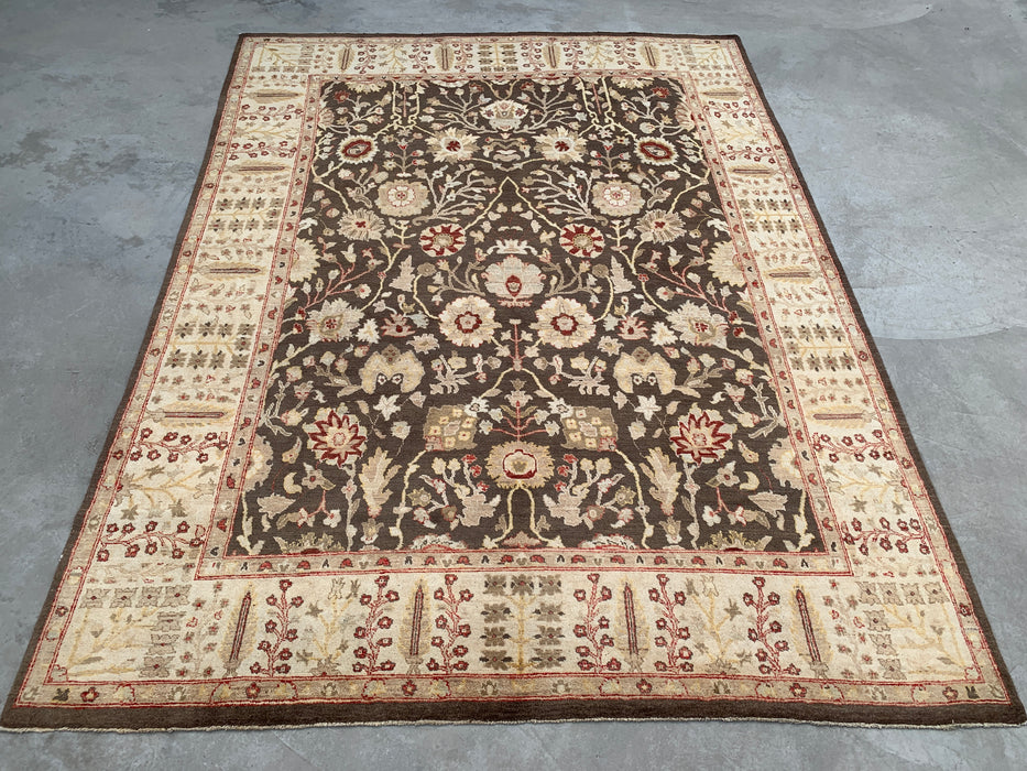11'9 x 8'9 handgeknoopt Peshawari Chobi wollen tapijt - Bruin traditioneel bloemenkleed - KBHM-608