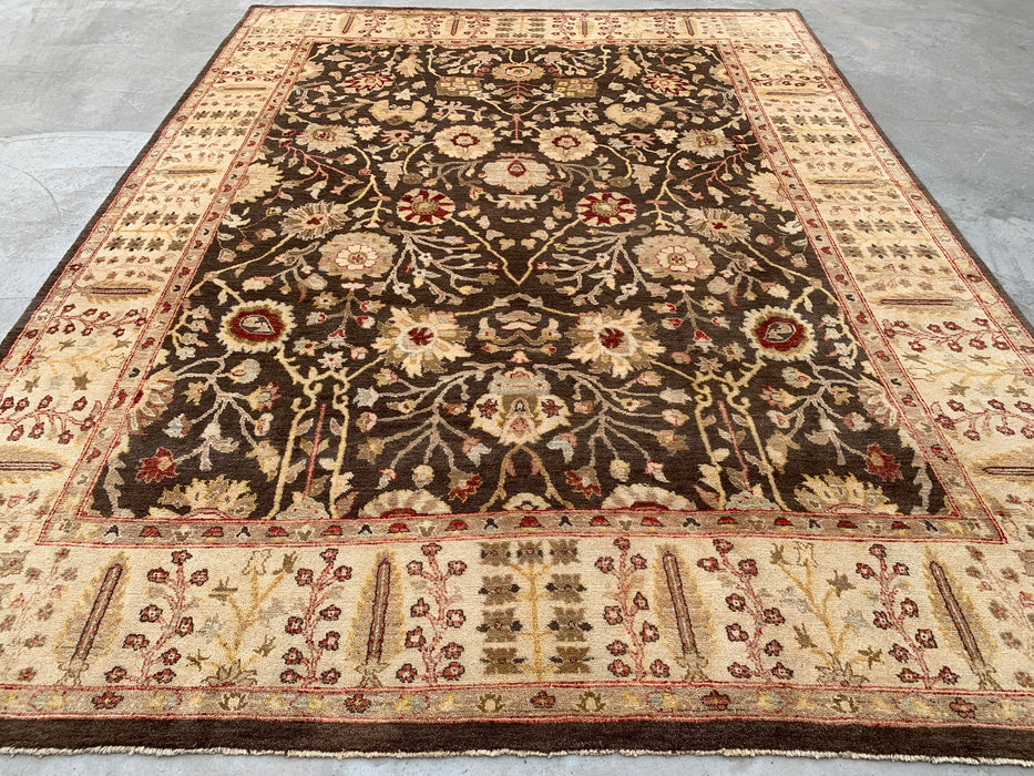 11'9 x 8'9 handgeknoopt Peshawari Chobi wollen tapijt - Bruin traditioneel bloemenkleed - KBHM-608