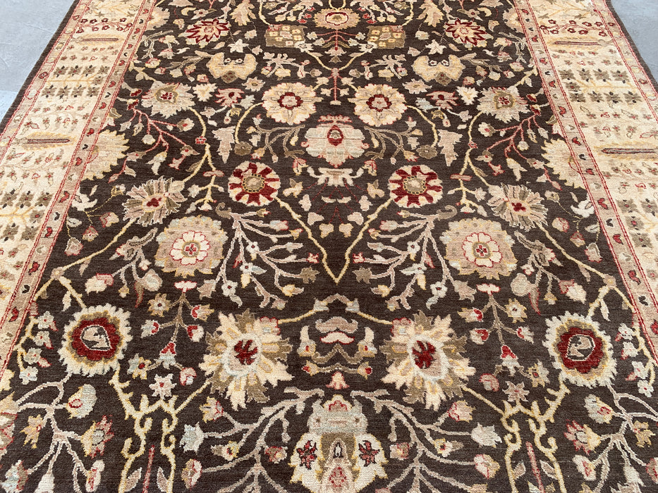 11'9 x 8'9 handgeknoopt Peshawari Chobi wollen tapijt - Bruin traditioneel bloemenkleed - KBHM-608