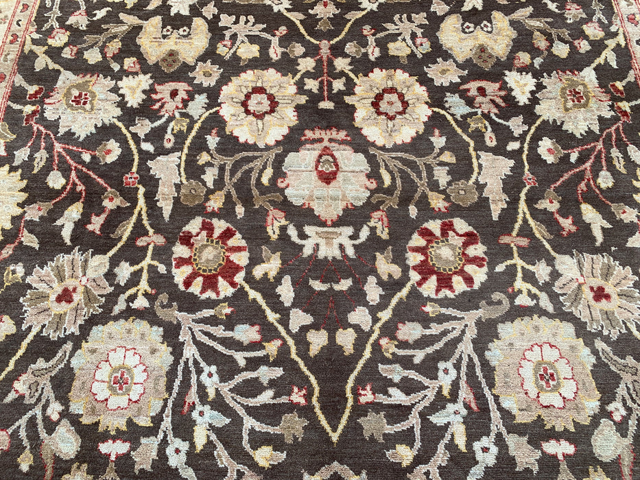 11'9 x 8'9 handgeknoopt Peshawari Chobi wollen tapijt - Bruin traditioneel bloemenkleed - KBHM-608