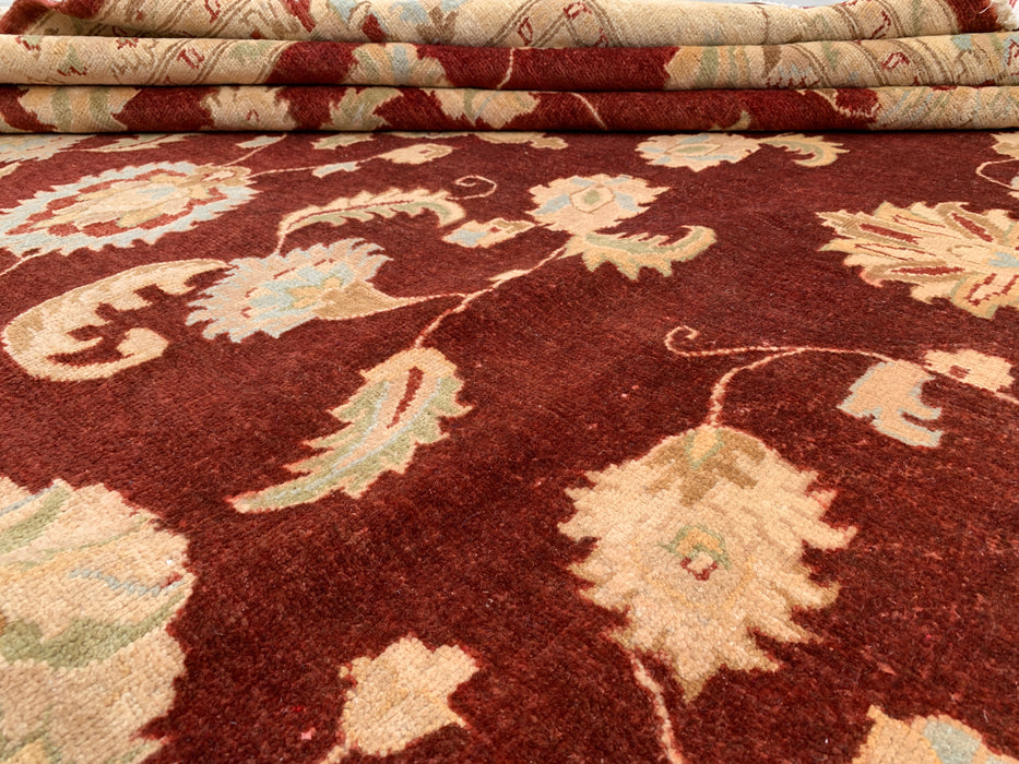 11'8 x 9'1 Handgeknoopt Peshawari Chobi Wollen Vloerkleed - Rood Traditioneel Bloemrijk Karpet - KBHM-609