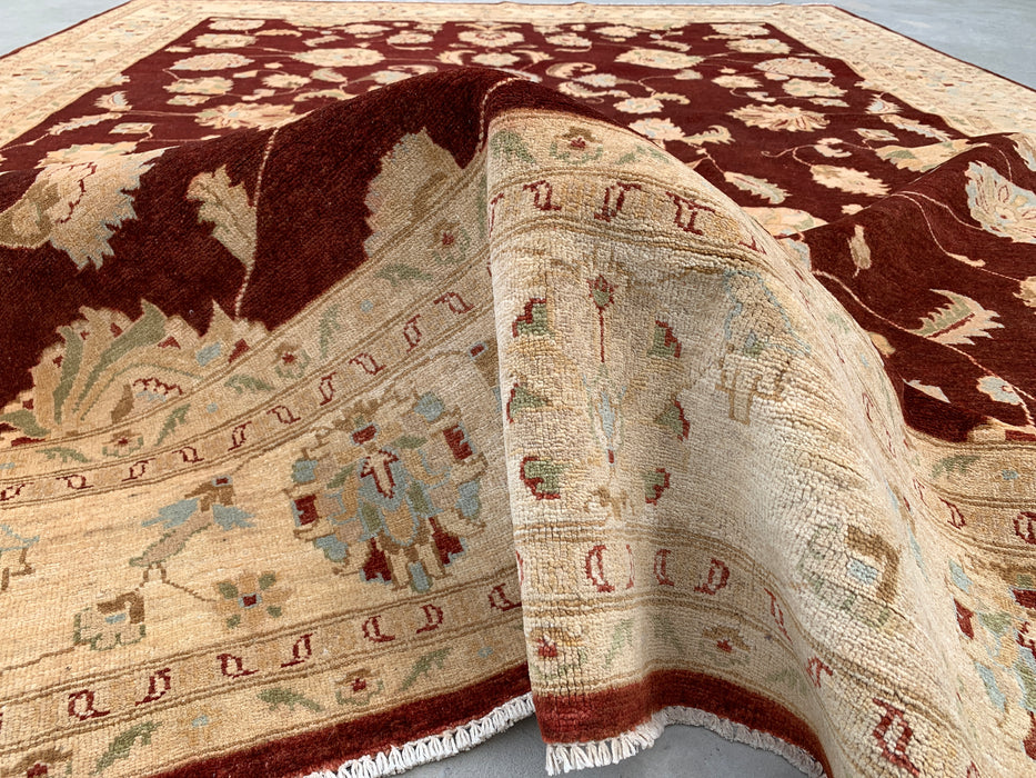 11'8 x 9'1 Handgeknoopt Peshawari Chobi Wollen Vloerkleed - Rood Traditioneel Bloemrijk Karpet - KBHM-609