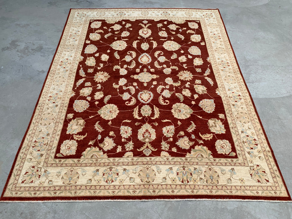 11'8 x 9'1 Handgeknoopt Peshawari Chobi Wollen Vloerkleed - Rood Traditioneel Bloemrijk Karpet - KBHM-609