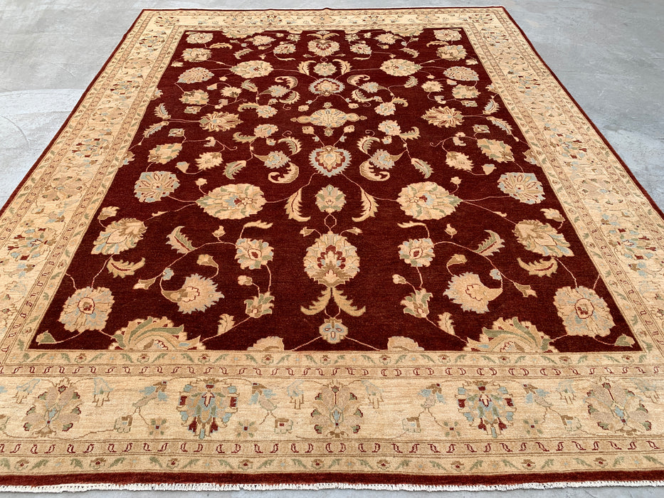 11'8 x 9'1 Handgeknoopt Peshawari Chobi Wollen Vloerkleed - Rood Traditioneel Bloemrijk Karpet - KBHM-609