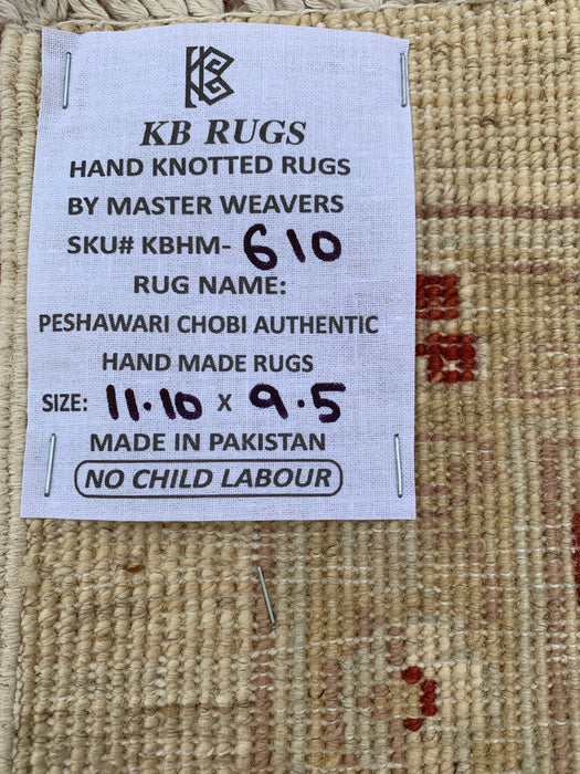 11'10 x 9'5 Handgeknoopt Peshawari Chobi Wollen Vloerkleed - Ivoor Traditioneel Bloemrijk Vloerkleed - KBHM-610