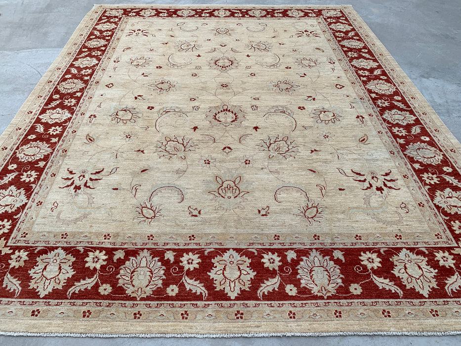 11'10 x 9'5 Handgeknoopt Peshawari Chobi Wollen Vloerkleed - Ivoor Traditioneel Bloemrijk Vloerkleed - KBHM-610