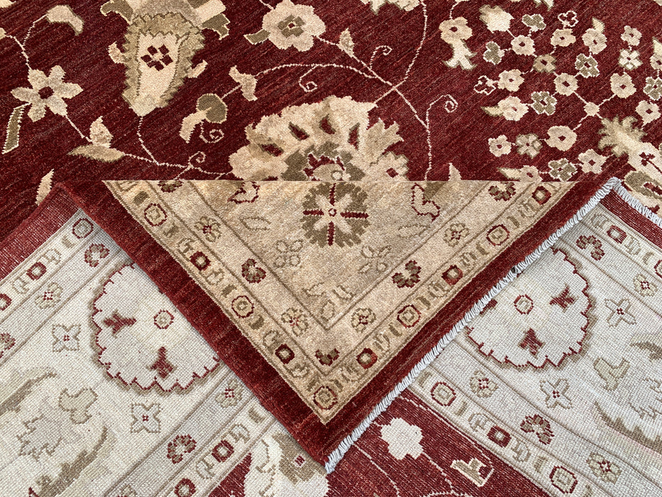 12'0 x 9'6 handgeknoopt Peshawari Chobi wollen tapijt - Rood traditioneel bloemrijk karpet - KBHM-611