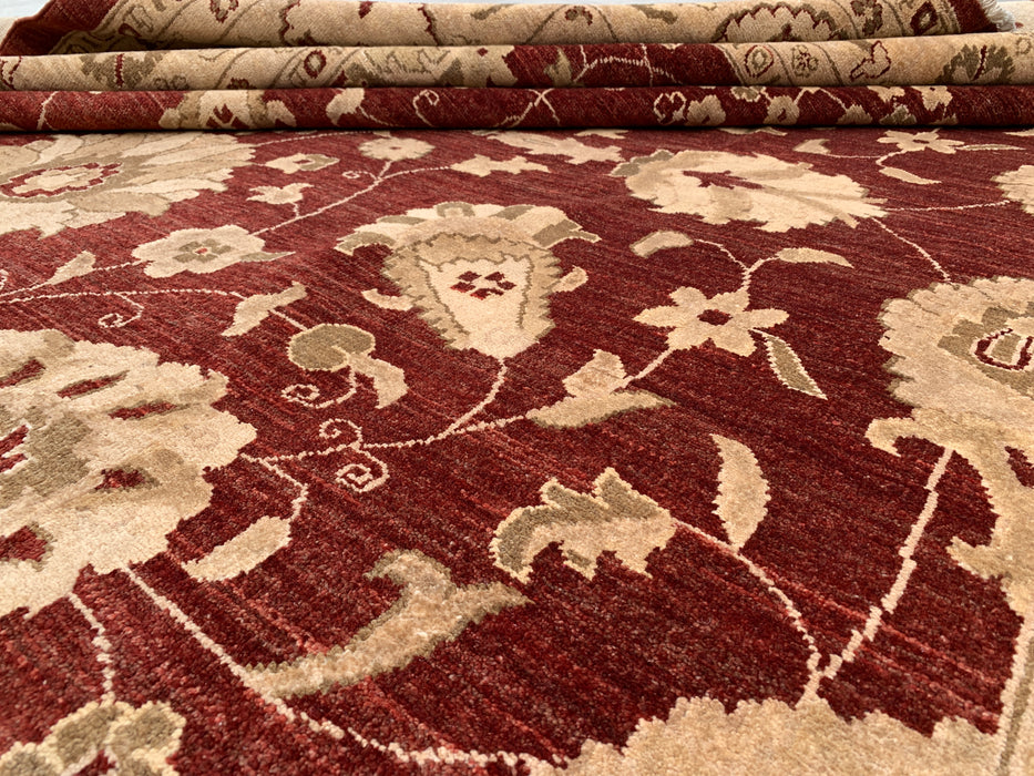 12'0 x 9'6 handgeknoopt Peshawari Chobi wollen tapijt - Rood traditioneel bloemrijk karpet - KBHM-611