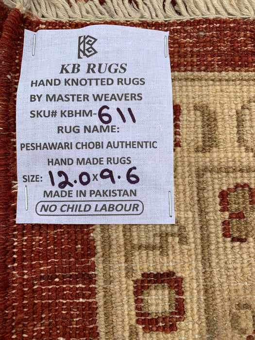12'0 x 9'6 handgeknoopt Peshawari Chobi wollen tapijt - Rood traditioneel bloemrijk karpet - KBHM-611