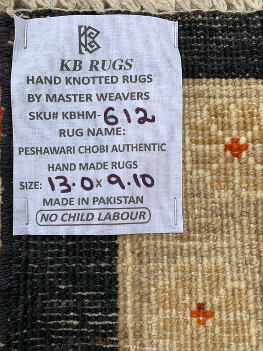 13'0 x 9'10 handgeknoopt Peshawari Chobi wollen tapijt - Zwart traditioneel bloemmotief vloerkleed - KBHM-612