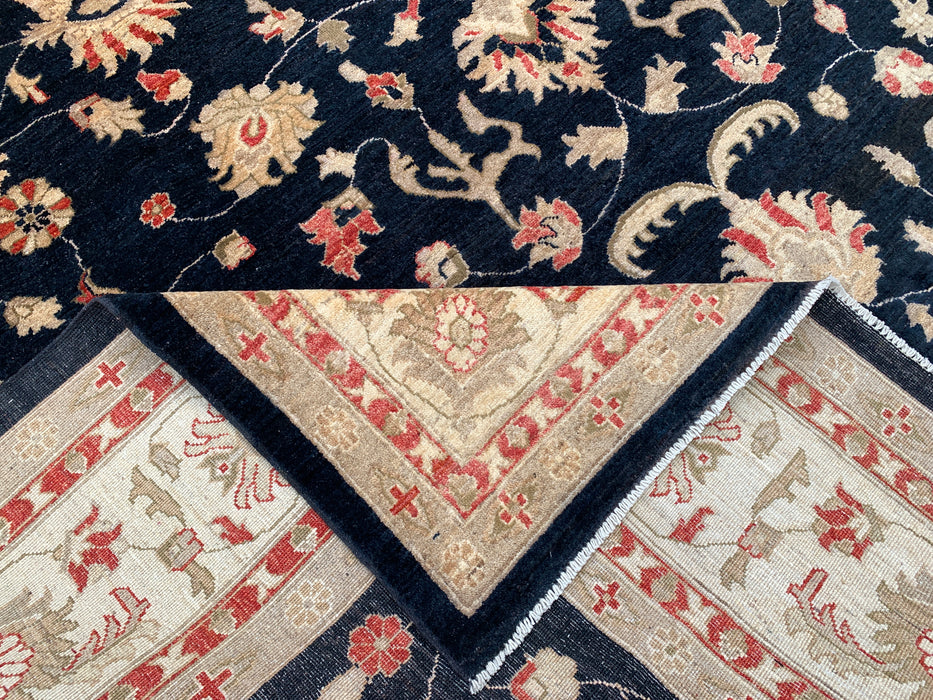 13'0 x 9'10 handgeknoopt Peshawari Chobi wollen tapijt - Zwart traditioneel bloemmotief vloerkleed - KBHM-612