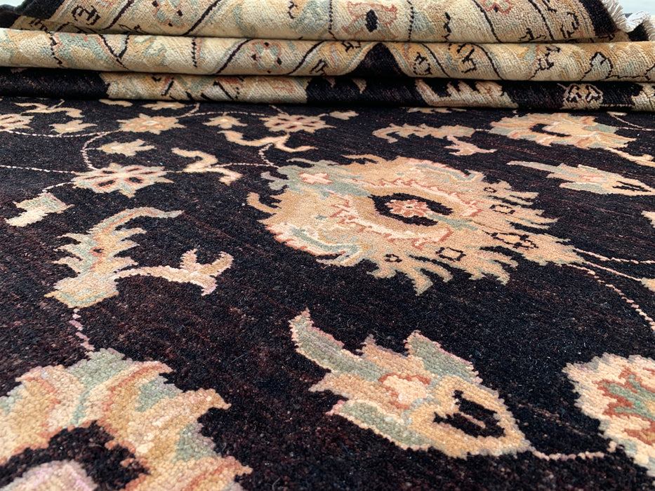 12'1 x 9'1 handgeknoopt Pesjwari Chobi wollen vloerkleed - Zwart traditioneel bloemmotief vloerkleed - KBHM-613