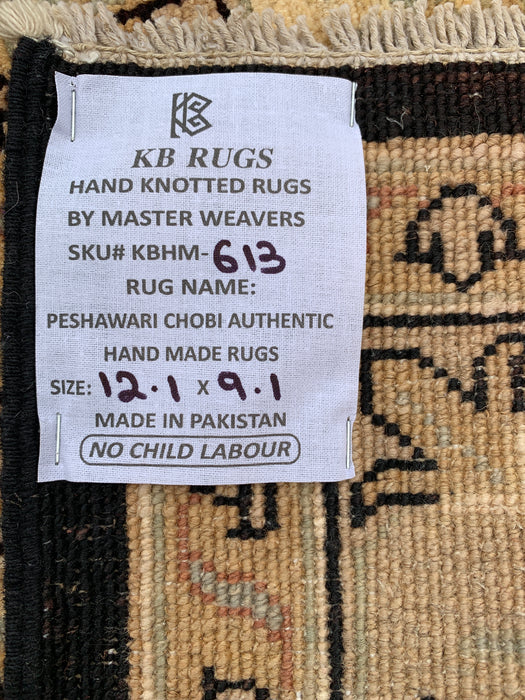 12'1 x 9'1 handgeknoopt Pesjwari Chobi wollen vloerkleed - Zwart traditioneel bloemmotief vloerkleed - KBHM-613