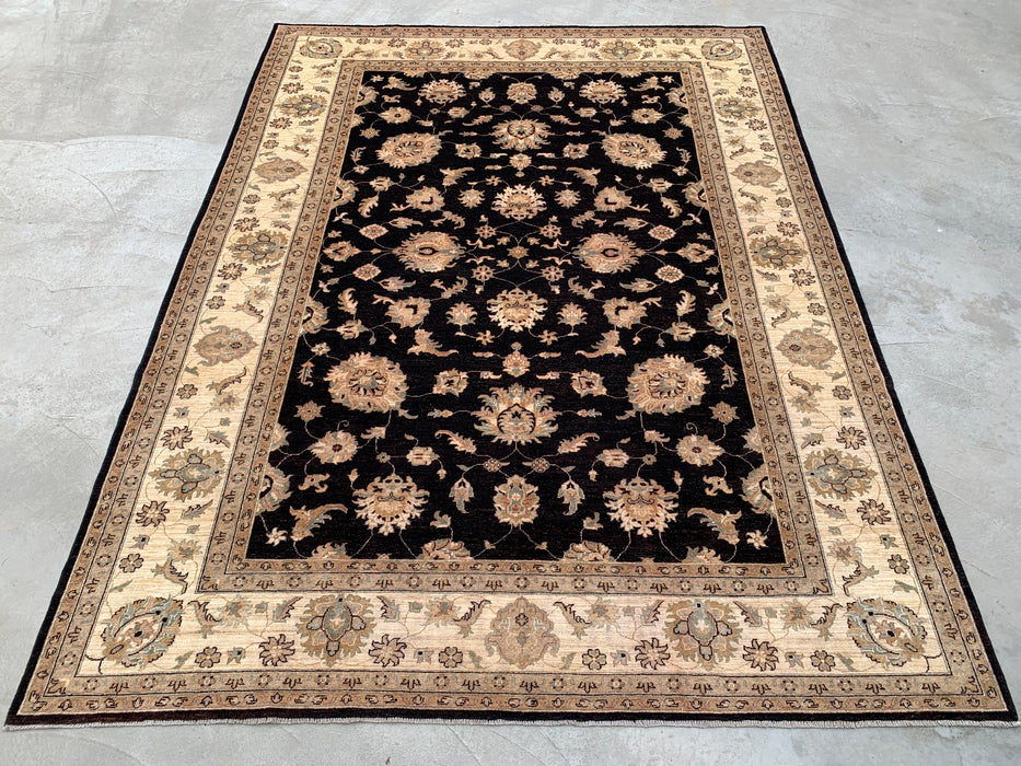 12'1 x 9'1 handgeknoopt Pesjwari Chobi wollen vloerkleed - Zwart traditioneel bloemmotief vloerkleed - KBHM-613