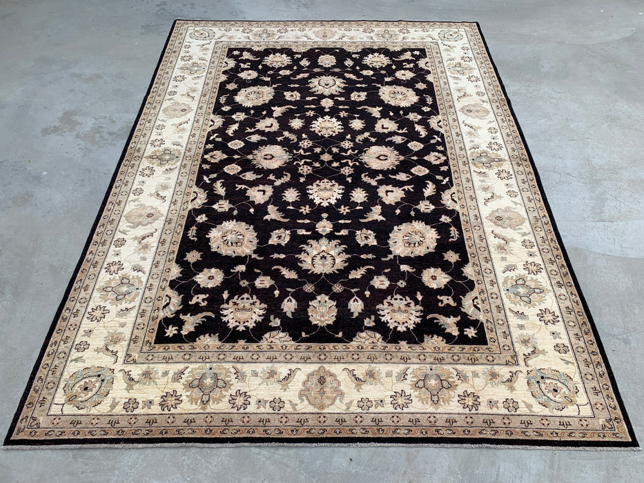 12'1 x 9'1 handgeknoopt Pesjwari Chobi wollen vloerkleed - Zwart traditioneel bloemmotief vloerkleed - KBHM-613