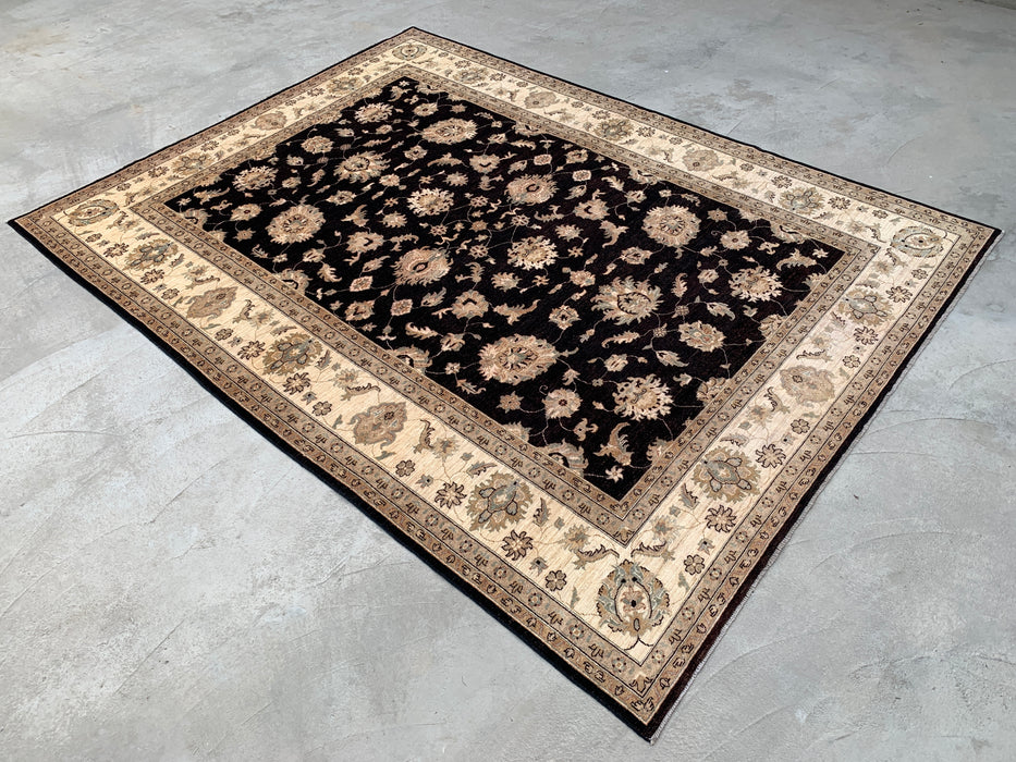 12'1 x 9'1 handgeknoopt Pesjwari Chobi wollen vloerkleed - Zwart traditioneel bloemmotief vloerkleed - KBHM-613