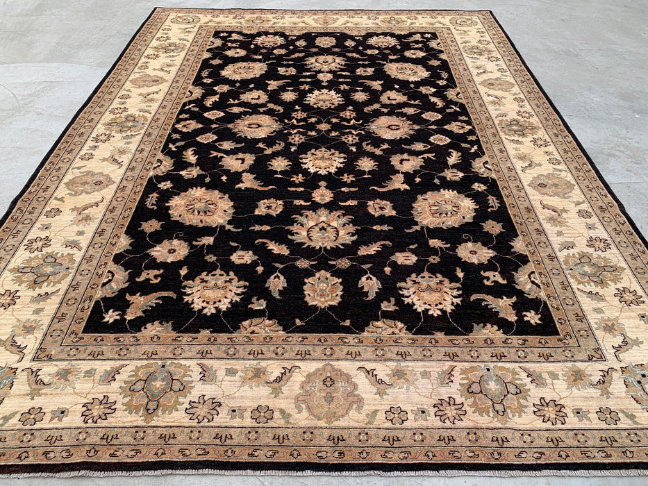 12'1 x 9'1 handgeknoopt Pesjwari Chobi wollen vloerkleed - Zwart traditioneel bloemmotief vloerkleed - KBHM-613