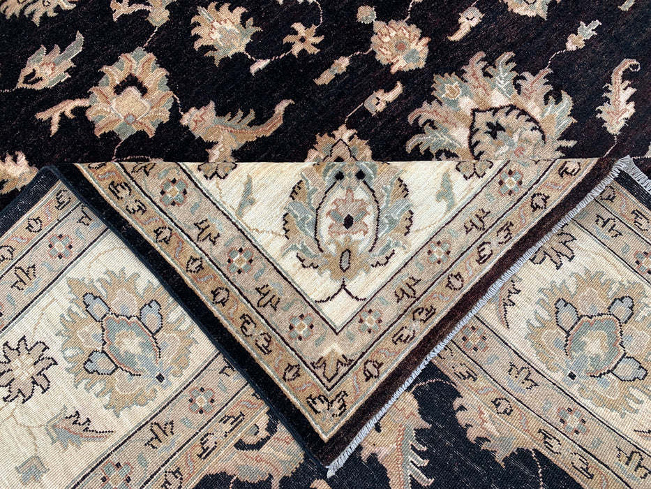 12'1 x 9'1 handgeknoopt Pesjwari Chobi wollen vloerkleed - Zwart traditioneel bloemmotief vloerkleed - KBHM-613