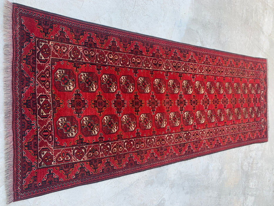 9'4 x 3'5 Handgeknoopt Peshawari Chobi wollen loper - Rood tribaal geometrisch gangkleed - KBHM-614