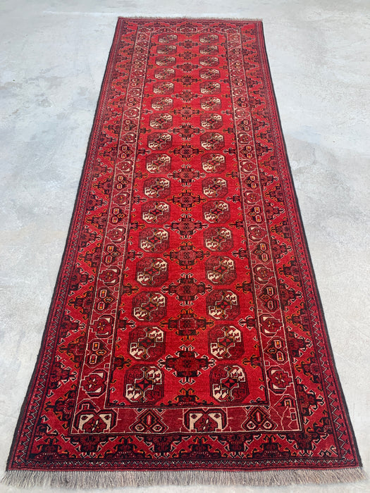 9'4 x 3'5 Handgeknoopt Peshawari Chobi wollen loper - Rood tribaal geometrisch gangkleed - KBHM-614