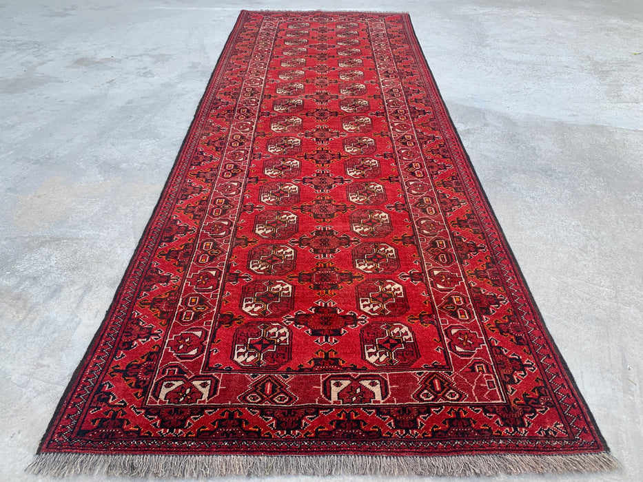9'4 x 3'5 Handgeknoopt Peshawari Chobi wollen loper - Rood tribaal geometrisch gangkleed - KBHM-614