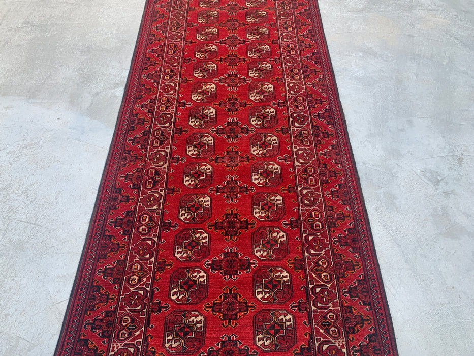 9'4 x 3'5 Handgeknoopt Peshawari Chobi wollen loper - Rood tribaal geometrisch gangkleed - KBHM-614