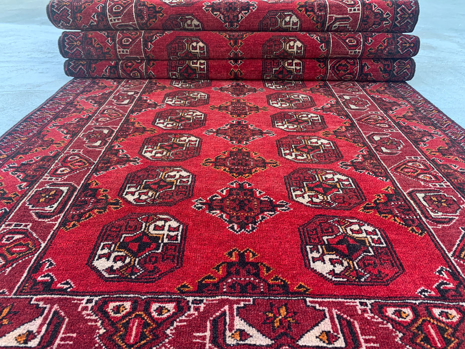 299 x 107 cm handgeknoopt Peshawari Chobi wollen loper - Rood tribaal geometrisch gangkleed - KBHM-615