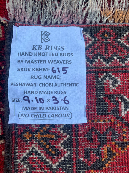 299 x 107 cm handgeknoopt Peshawari Chobi wollen loper - Rood tribaal geometrisch gangkleed - KBHM-615