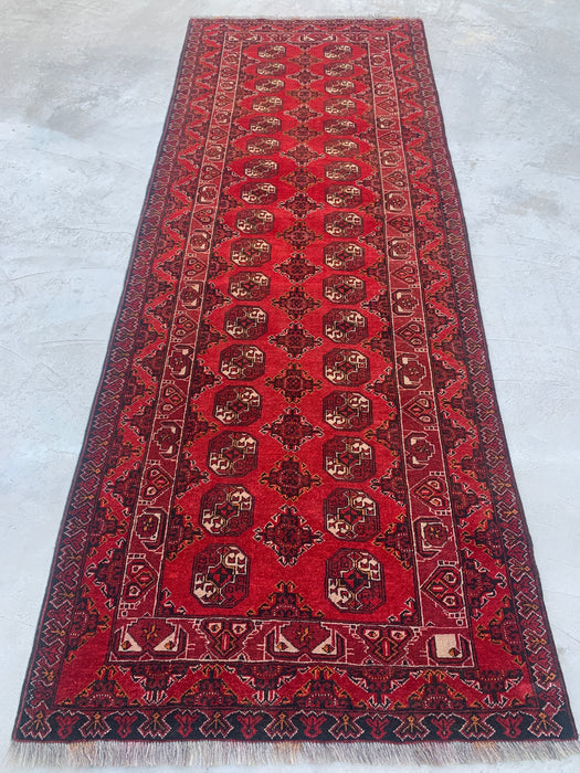 299 x 107 cm handgeknoopt Peshawari Chobi wollen loper - Rood tribaal geometrisch gangkleed - KBHM-615