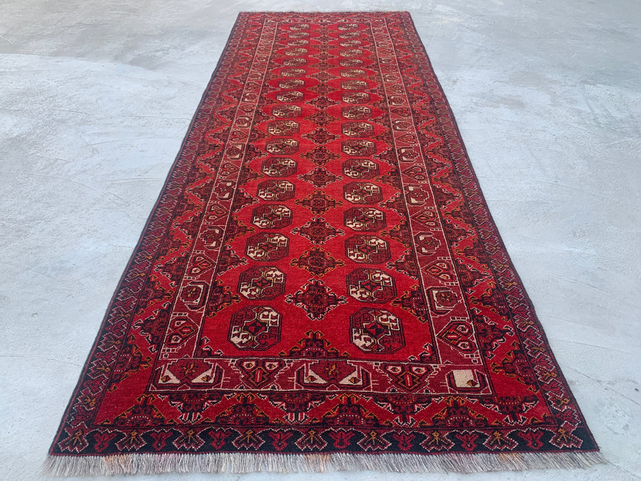 299 x 107 cm handgeknoopt Peshawari Chobi wollen loper - Rood tribaal geometrisch gangkleed - KBHM-615