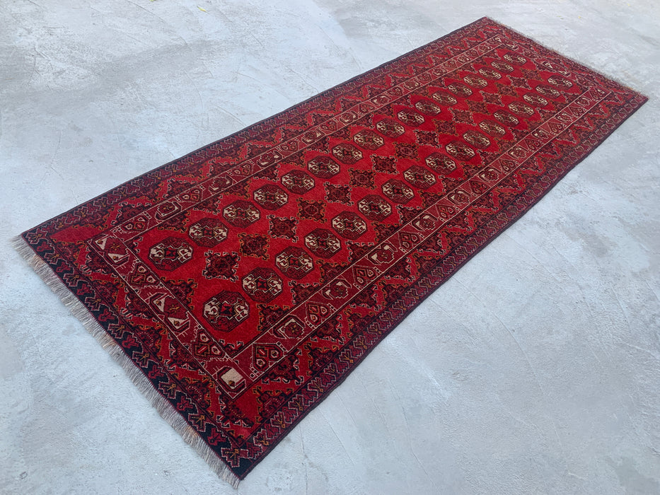 299 x 107 cm handgeknoopt Peshawari Chobi wollen loper - Rood tribaal geometrisch gangkleed - KBHM-615