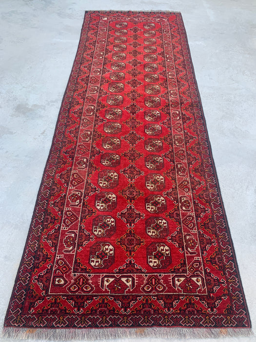 299 x 107 cm handgeknoopt Peshawari Chobi wollen loper - Rood tribaal geometrisch gangkleed - KBHM-615