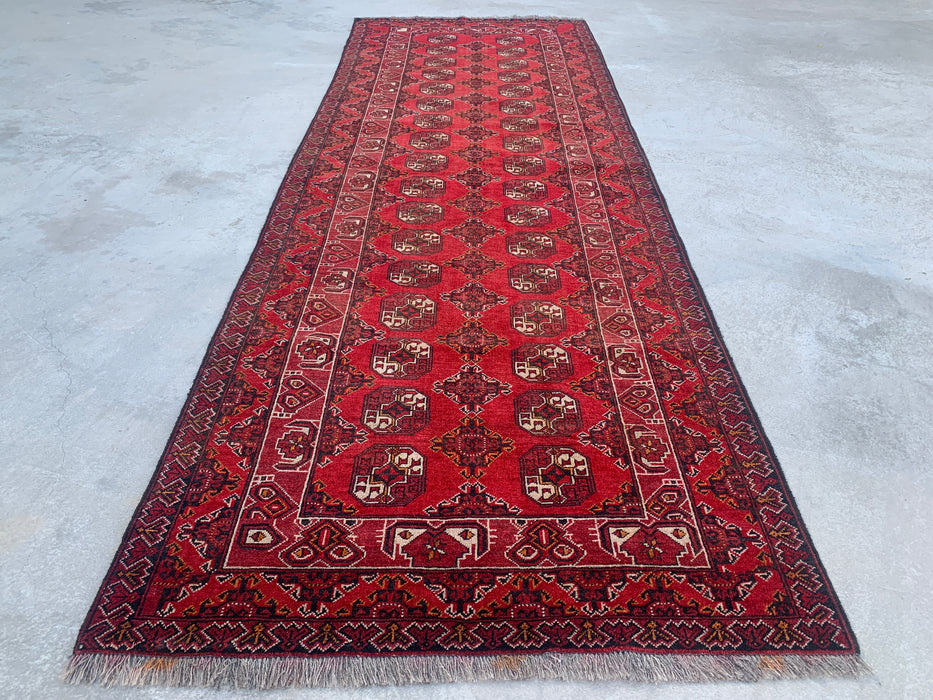 299 x 107 cm handgeknoopt Peshawari Chobi wollen loper - Rood tribaal geometrisch gangkleed - KBHM-615