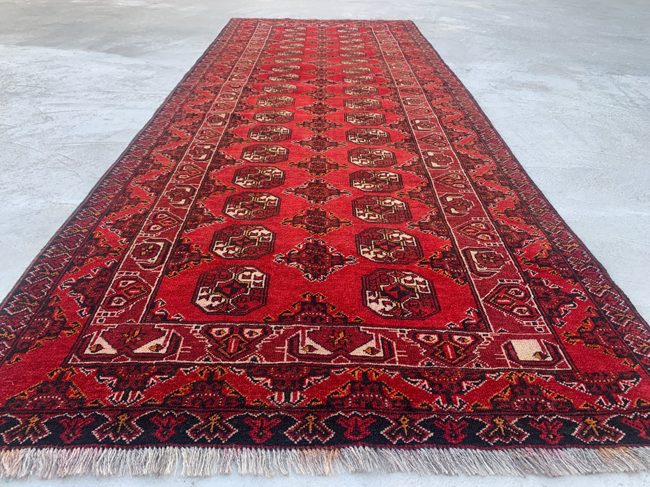 299 x 107 cm handgeknoopt Peshawari Chobi wollen loper - Rood tribaal geometrisch gangkleed - KBHM-615