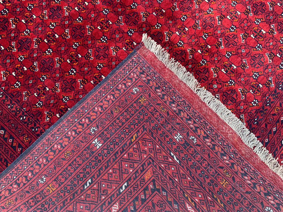 Handgemaakt Perzisch wollen vloerkleed 7x10 - Rood tribaal geometrisch Chobi-stijl kleed - Exacte maat 9'8" x 6'8" - KBHM-617