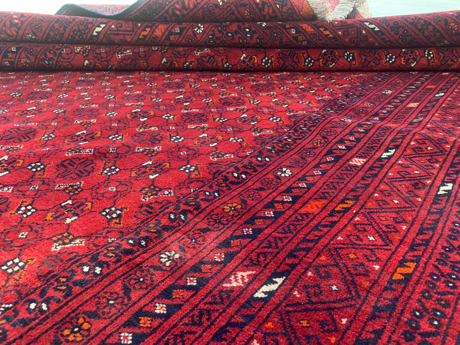 Handgemaakt Perzisch wollen vloerkleed 7x10 - Rood tribaal geometrisch Chobi-stijl kleed - Exacte maat 9'8" x 6'8" - KBHM-617